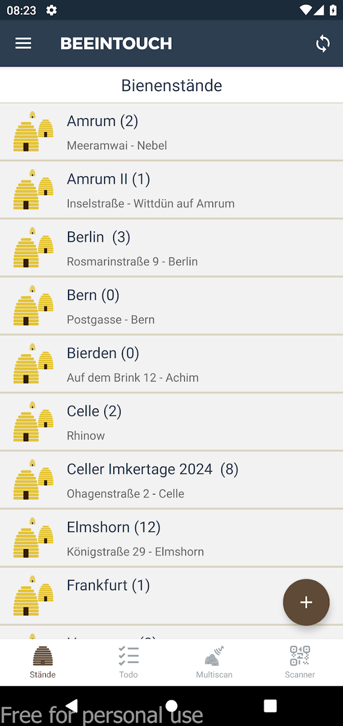 BeeInTouch Standübersicht mit drei Völkern